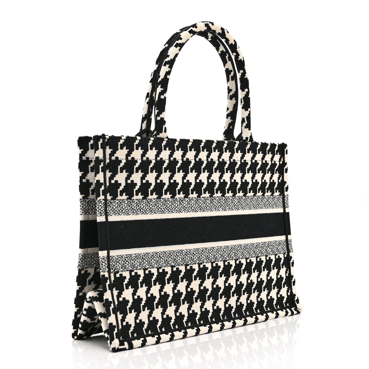 Christian Dior Canvas Houndstooth Embroidered Medium Book Tote Black White 3 of 10