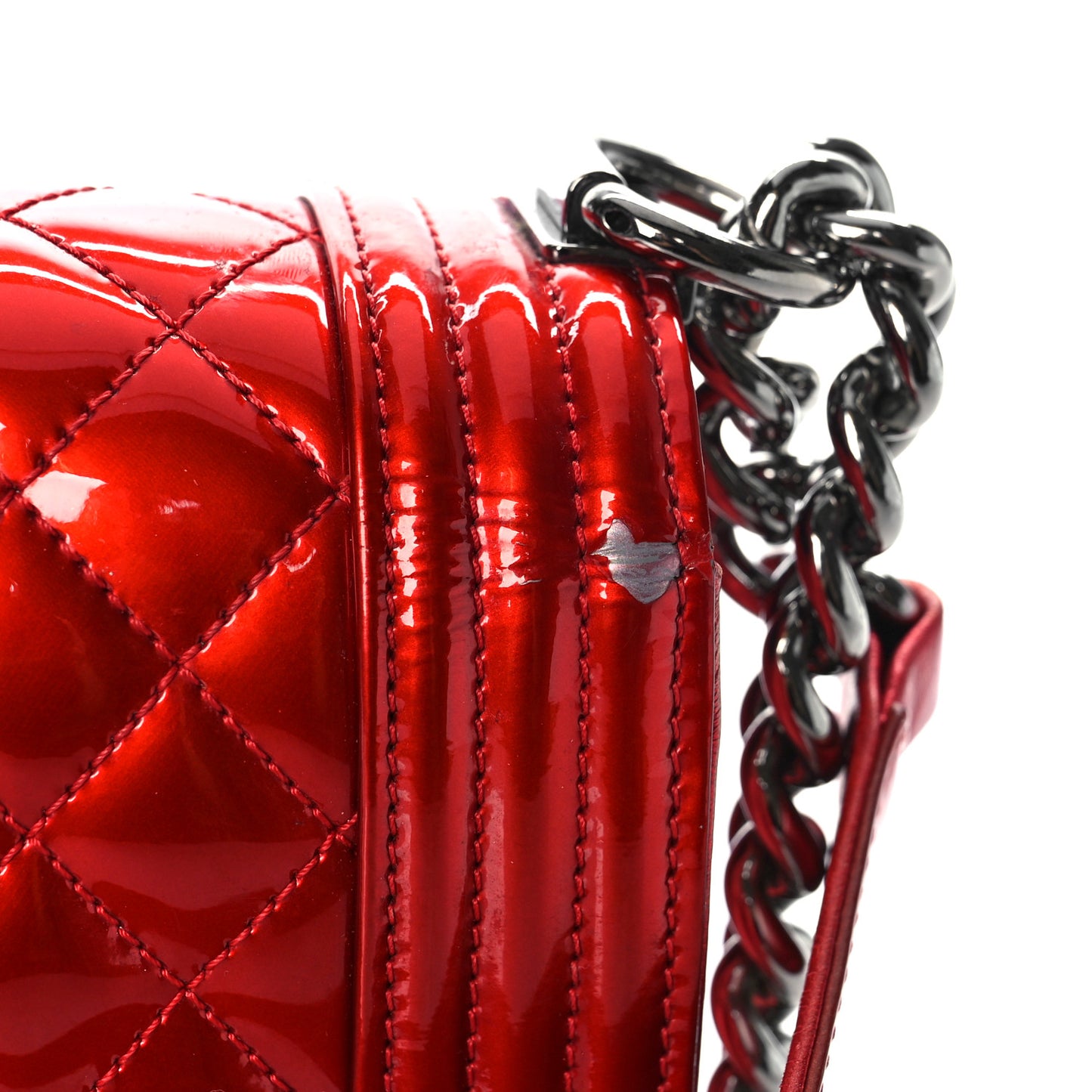Metallic Patent Calfskin Quilted Medium Boy Flap Red