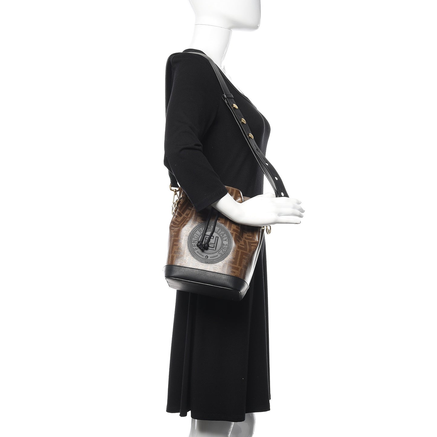 Glazed Fabric Vitello Grace F is Fendi FF 1974 Stamp Patch Grande Mon Tresor Bucket Bag Mogano Panna Black