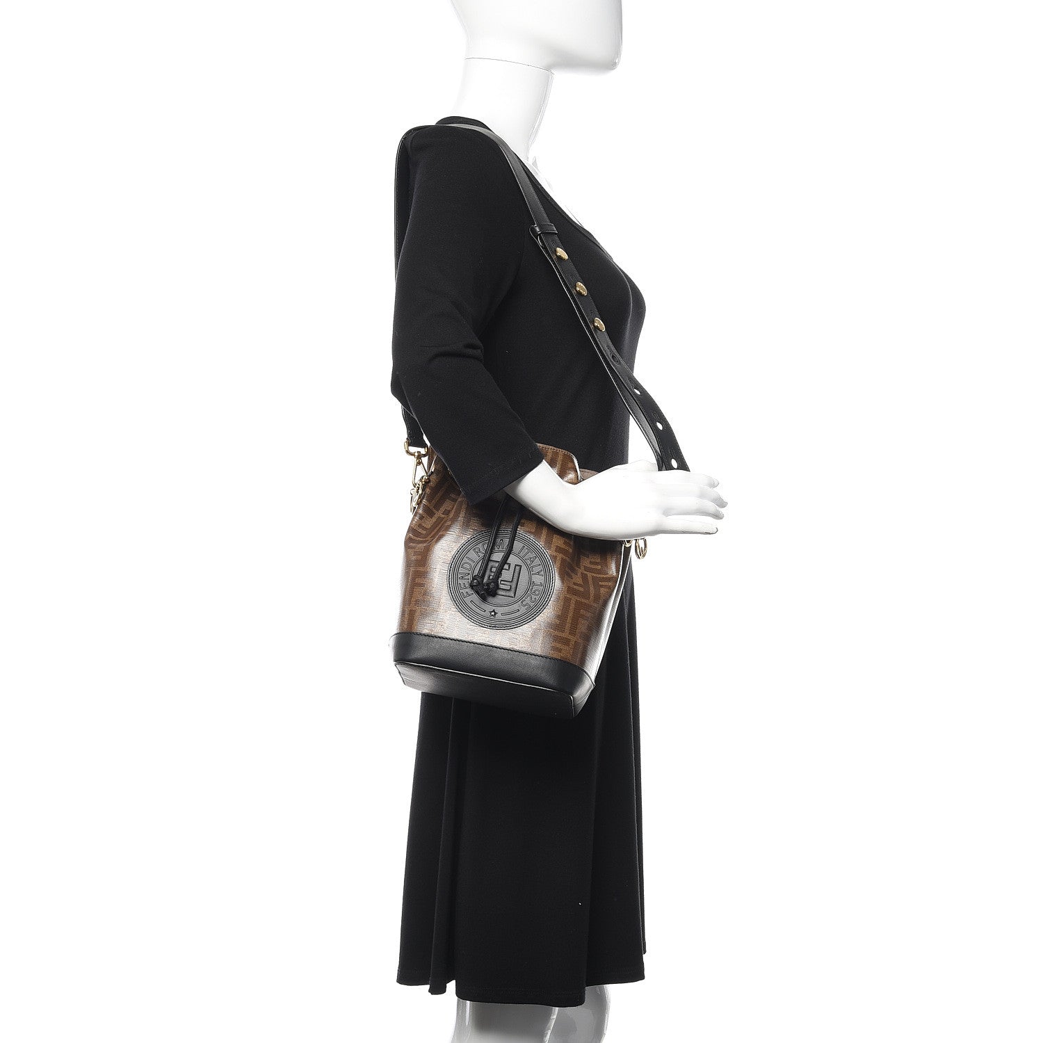 Fendi Glazed Fabric Vitello Grace F is Fendi FF 1974 Stamp Patch Grande Mon Tresor Bucket Bag Mogano Panna Black 2 of 11
