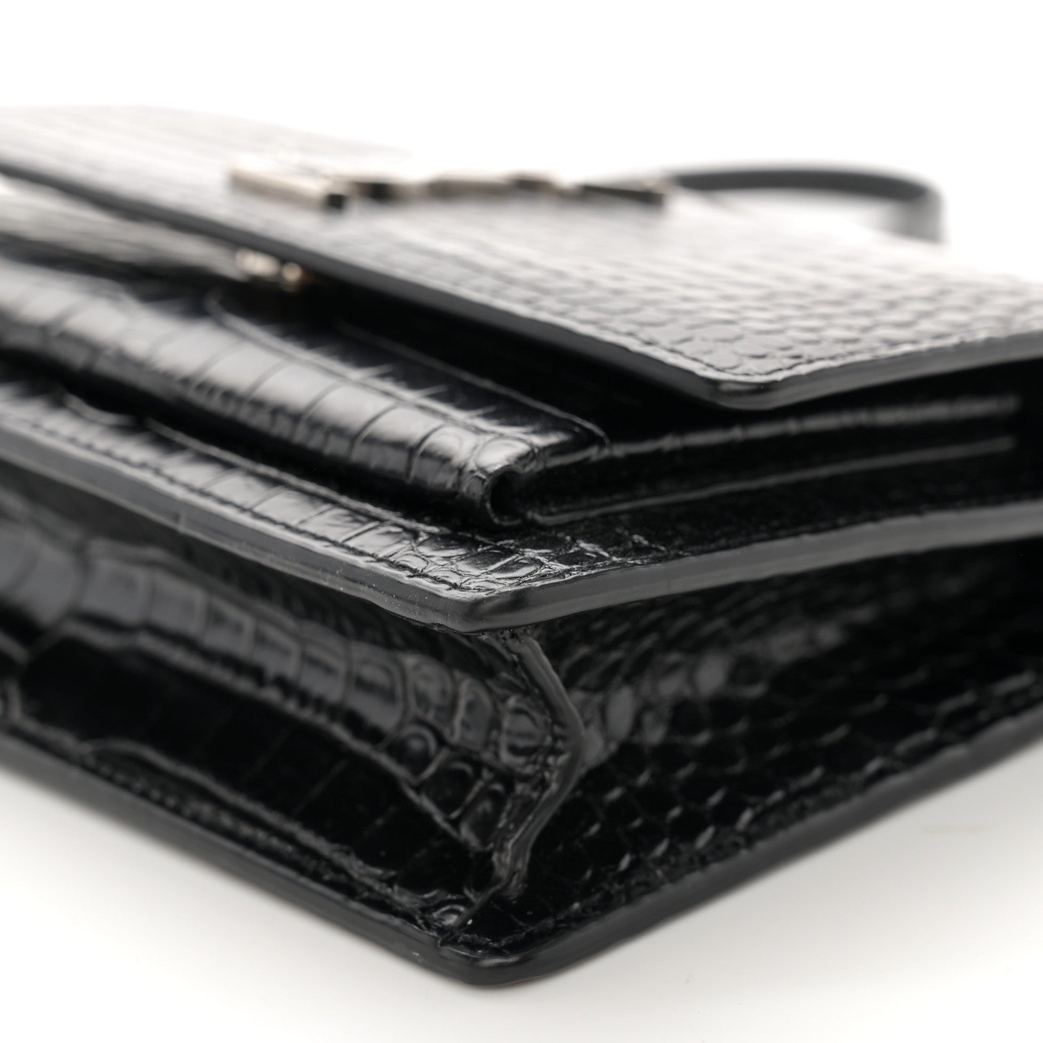 Saint Laurent Calfskin Crocodile Embossed Monogram Sunset Chain Wallet Black 7 of 11