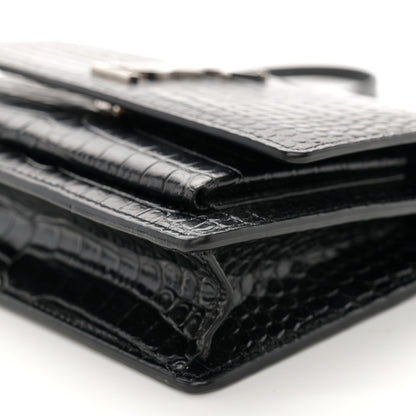 Saint Laurent Calfskin Crocodile Embossed Monogram Sunset Chain Wallet Black 7 of 11