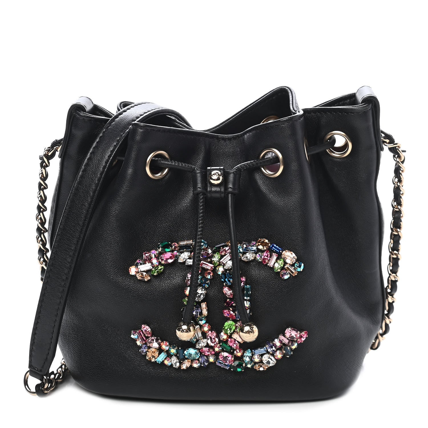 Chanel Lambskin Calfskin Quilted Strass Mania Mini Drawstring Bucket Bag Black 1 of 9