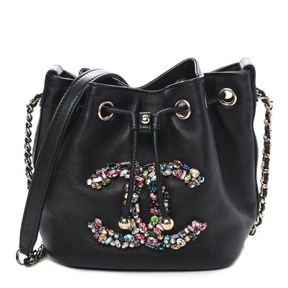 Chanel Lambskin Calfskin Quilted Strass Mania Mini Drawstring Bucket Bag Black 1 of 9