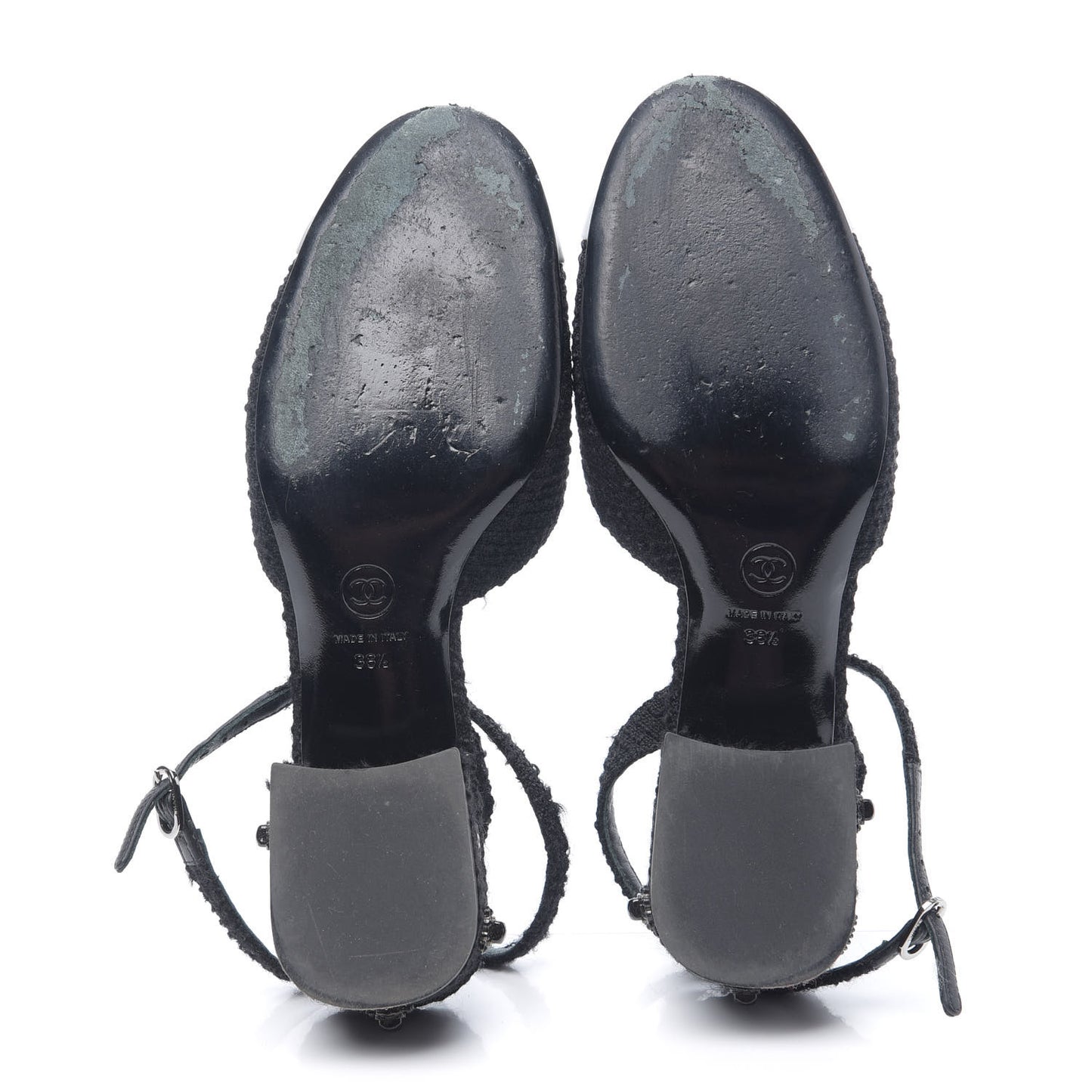 Tweed Iridescent Calfskin Cap Toe CC Slingback Pumps 38.5 Black Silver