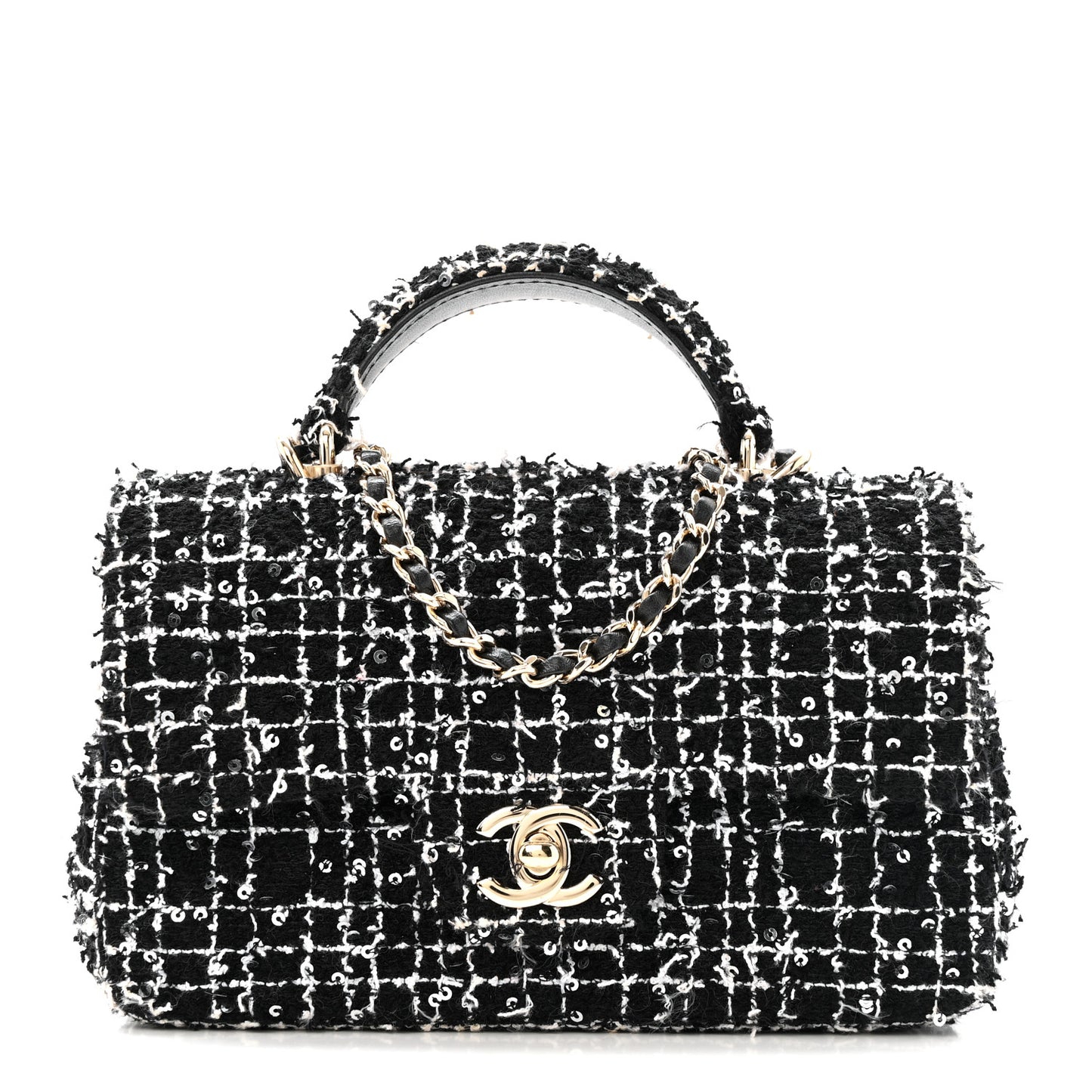 Tweed Quilted Mini Top Handle Rectangular Flap Black White
