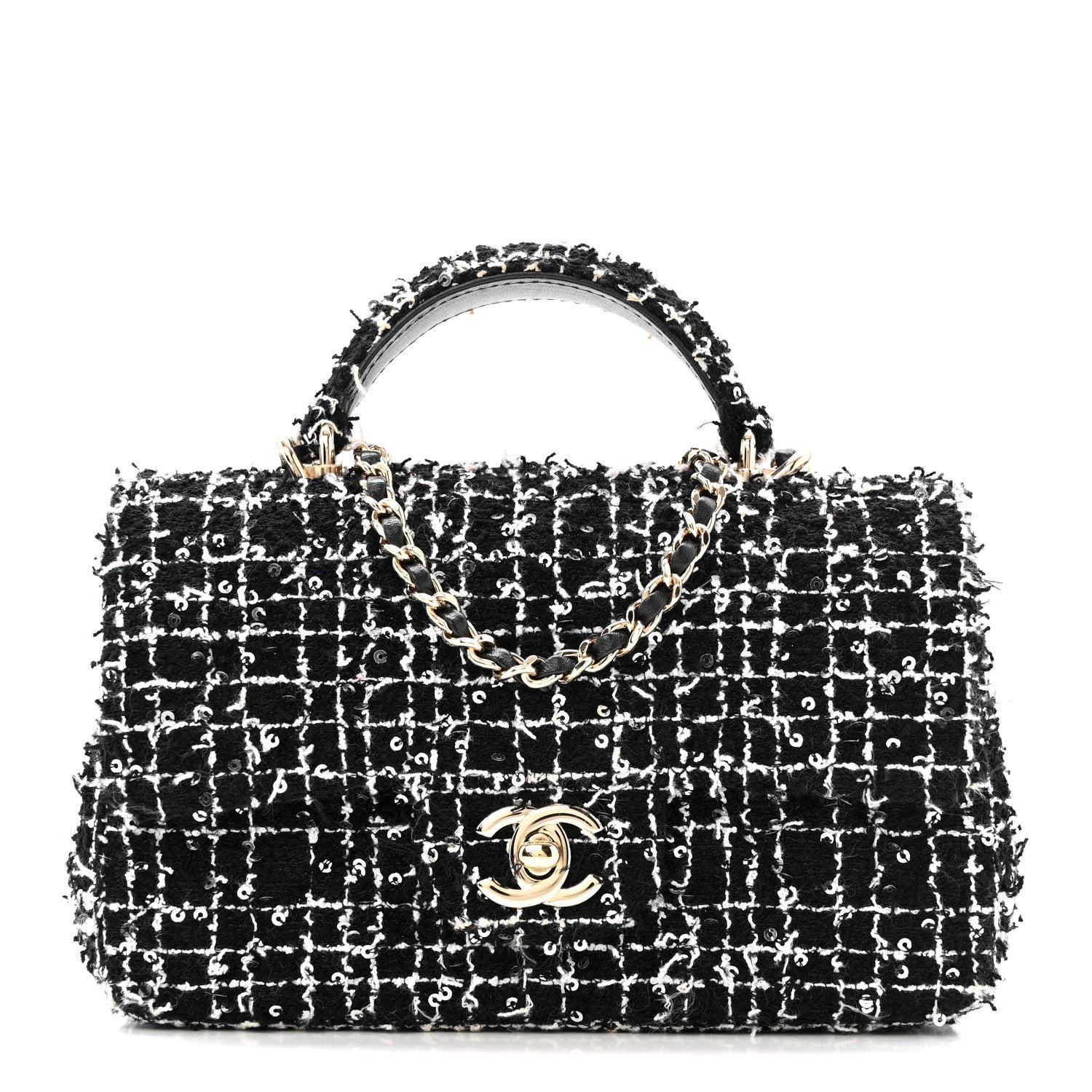 Chanel Tweed Quilted Mini Top Handle Rectangular Flap Black White 1 of 16