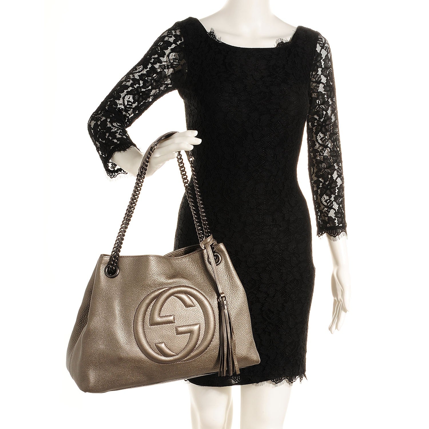 Gucci Metallic Pebbled Calfskin Medium Soho Chain Shoulder Bag Sasso 2 of 9