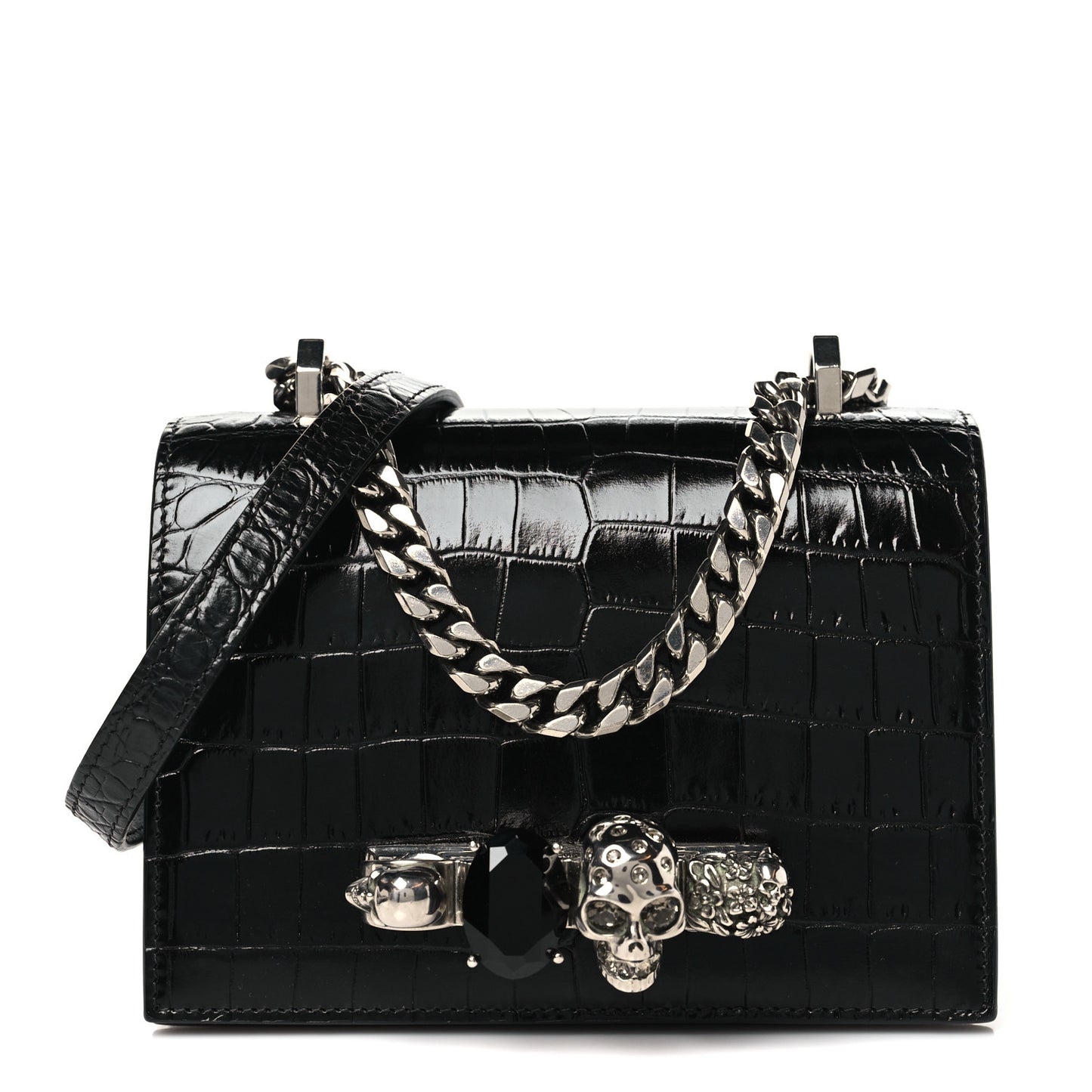 Crocodile Embossed Calfskin Knuckle Crossbody Black