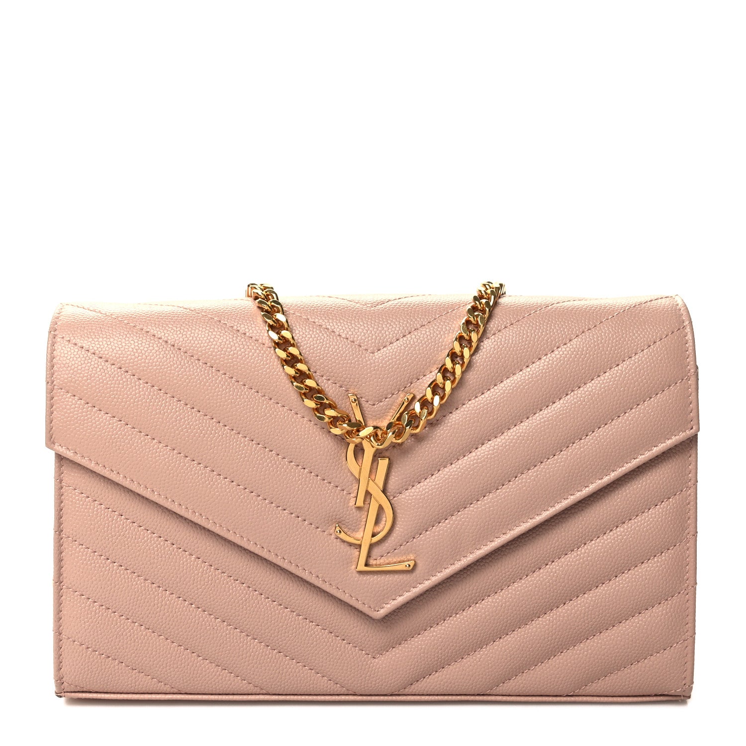 Saint Laurent Grain De Poudre Matelasse Chevron Monogram Chain Wallet Pale Pink 1 of 11