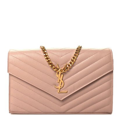 Saint Laurent Grain De Poudre Matelasse Chevron Monogram Chain Wallet Pale Pink 1 of 11