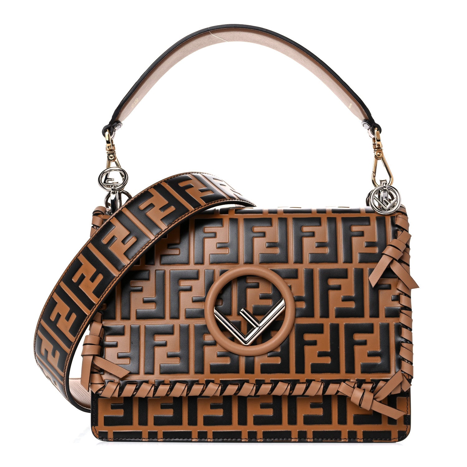 Fendi Vitello Century F is Fendi Whipstitch Threads FF Embossed Kan I Shoulder Bag Tobacco Orzo 1 of 12