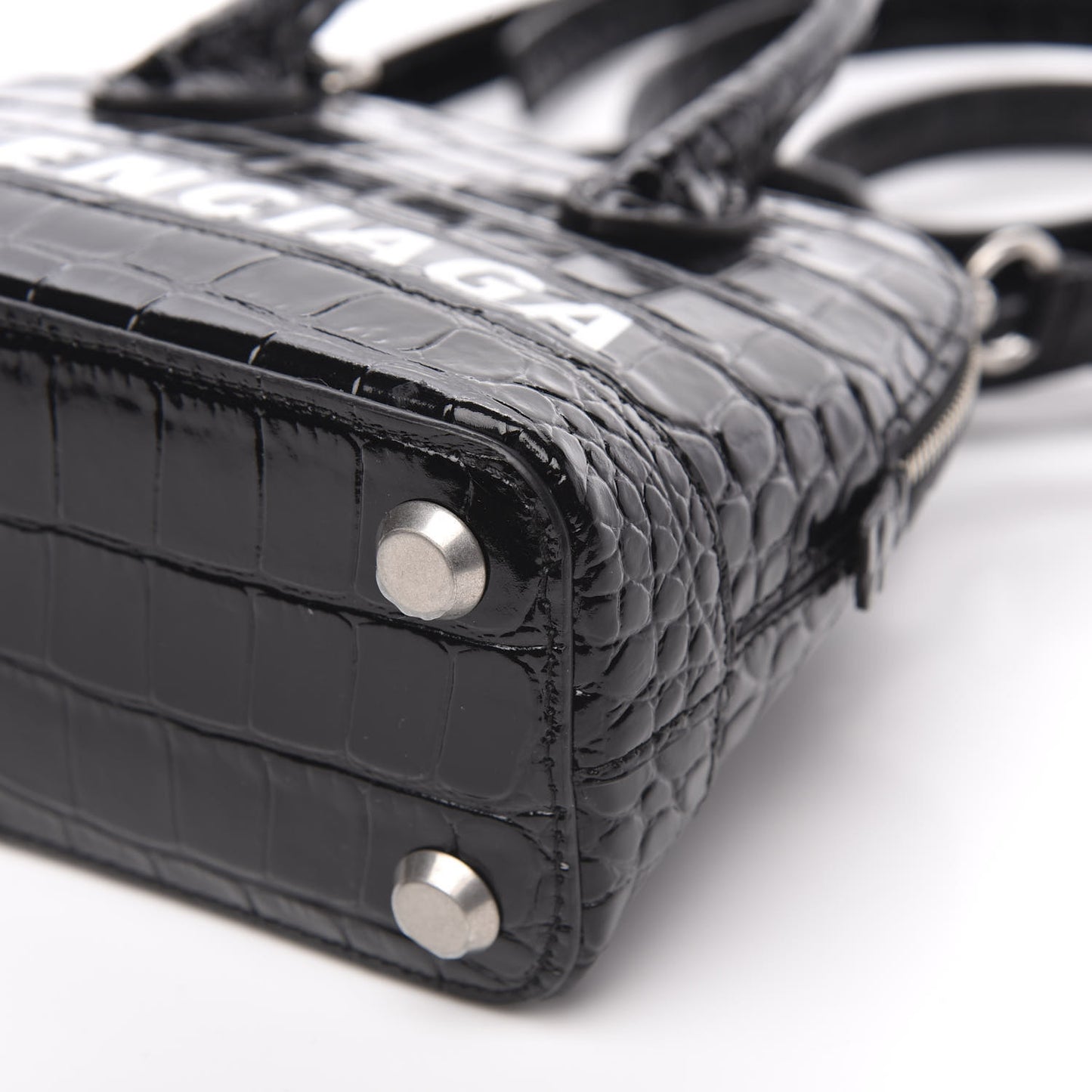 Shiny Calfskin Logo Crocodile Embossed XXS Ville Top Handle Bag Black White