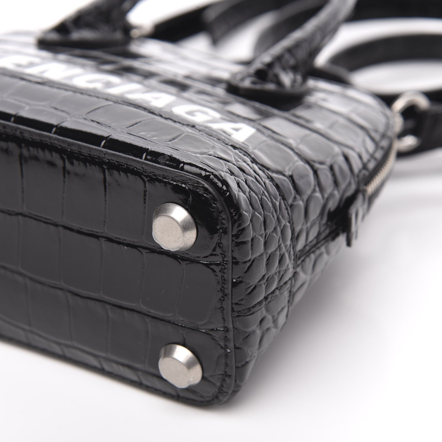 Balenciaga Shiny Calfskin Logo Crocodile Embossed XXS Ville Top Handle Bag Black White 9 of 9