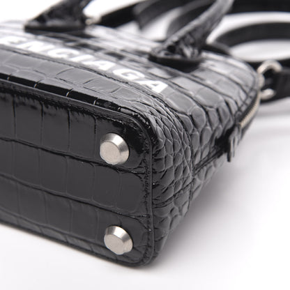 Balenciaga Shiny Calfskin Logo Crocodile Embossed XXS Ville Top Handle Bag Black White 9 of 9