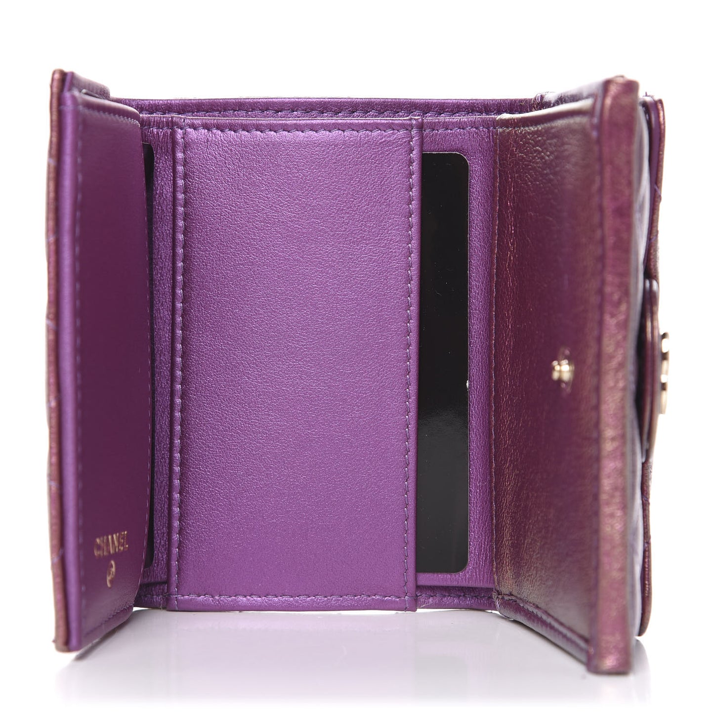 Iridescent Lambskin Small Quilted Flap Wallet Purple