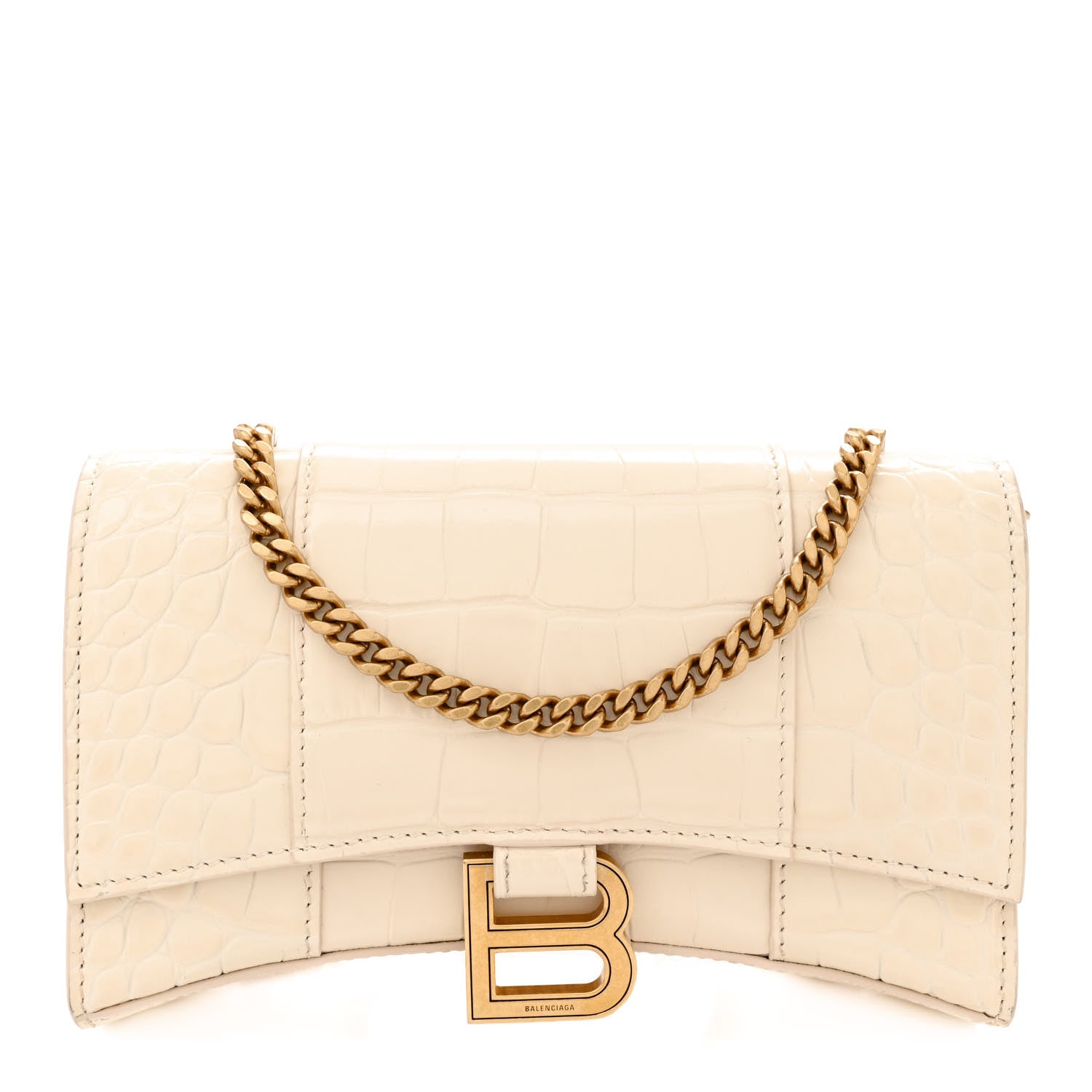 Balenciaga Shiny Calfskin Crocodile Embossed Hourglass Chain Bag Cream 1 of 13