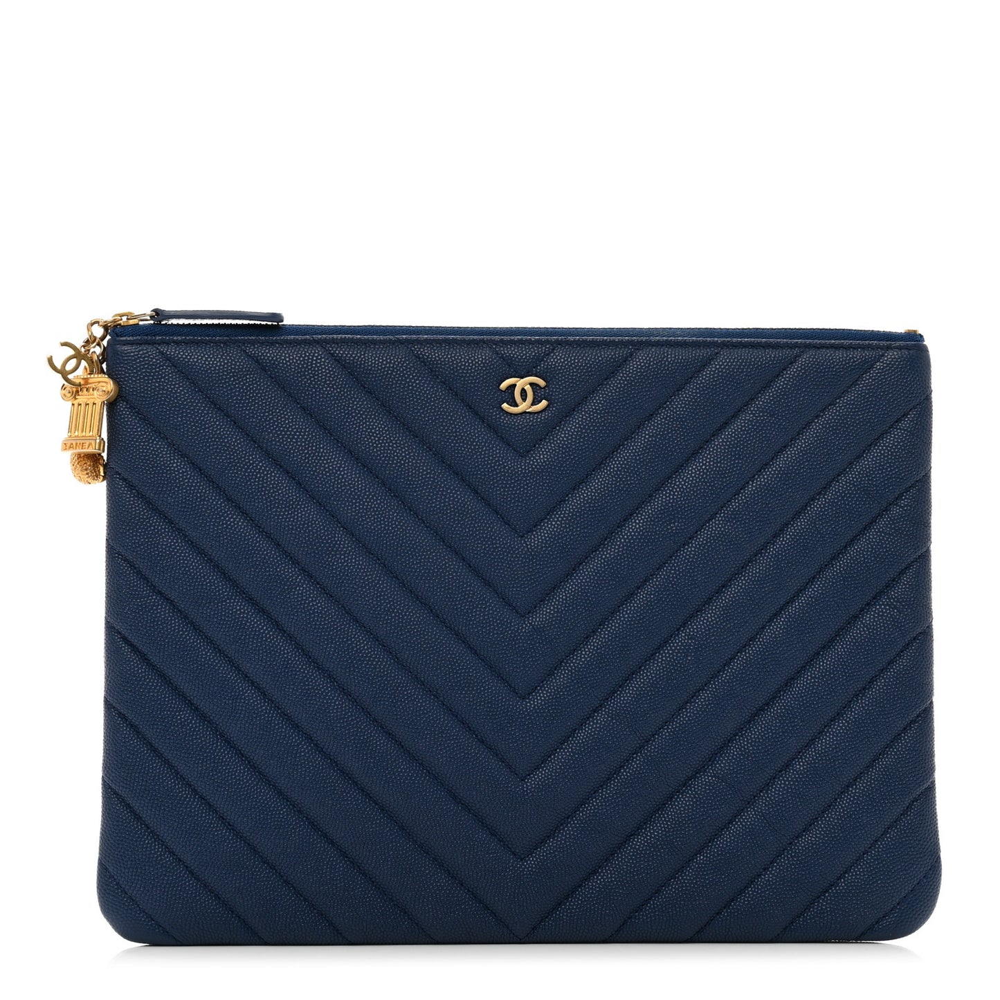 Caviar Chevron Quilted Medium Zip Pouch Navy