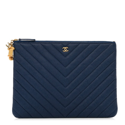 Chanel Caviar Chevron Quilted Medium Zip Pouch Navy 1 of 7