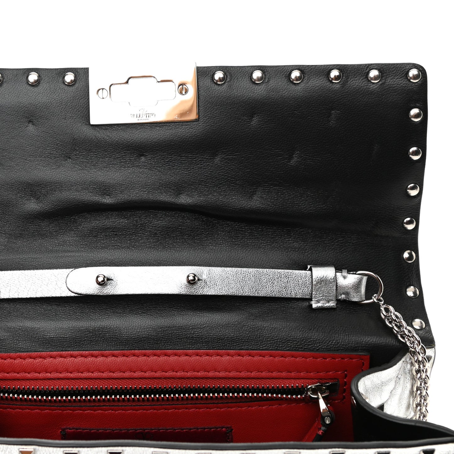Metallic Lambskin Rockstud Spike Wallet on Chain Silver