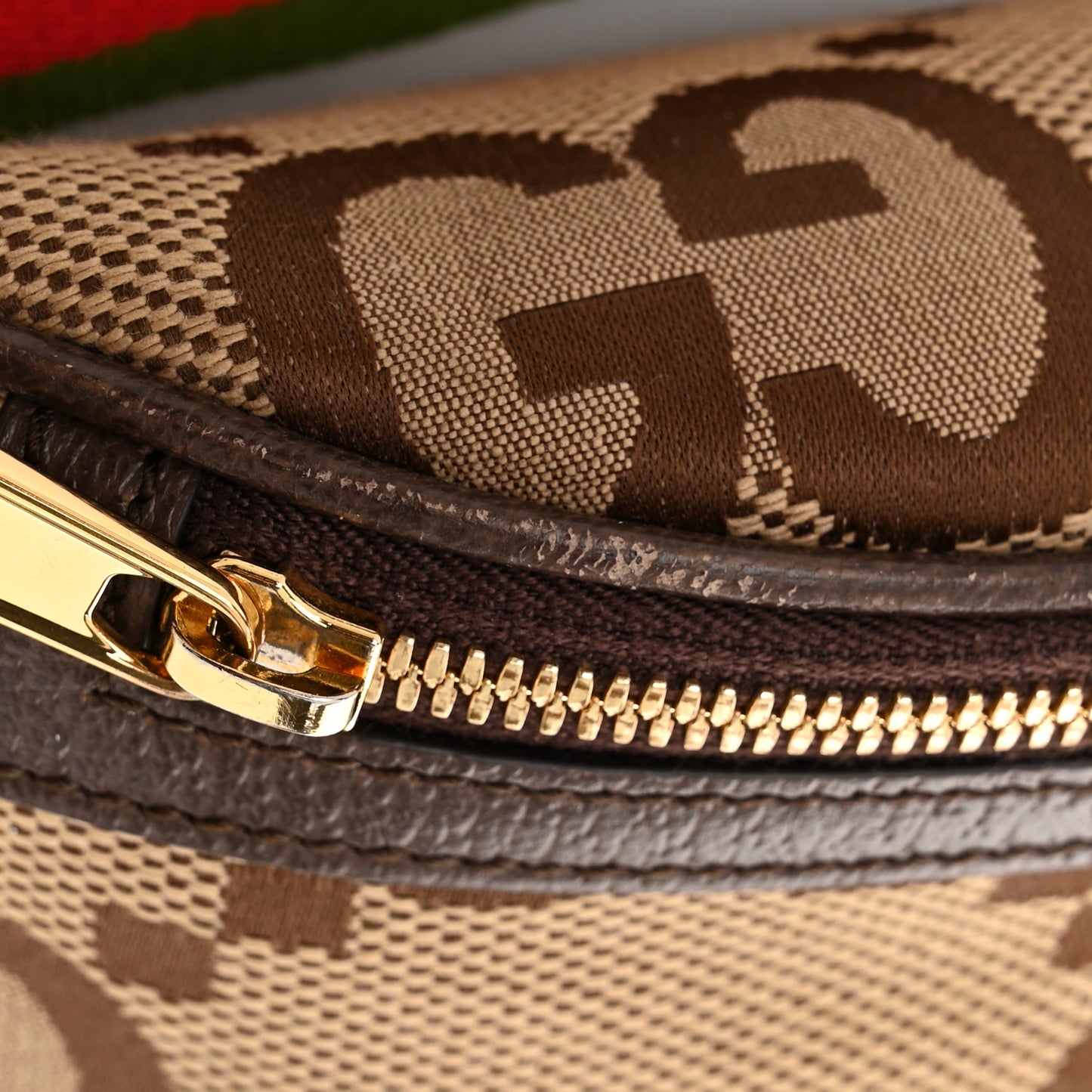 Monogram Jumbo GG Textured Dollar Calfskin Web Belt Bag Camel Ebony New Acero