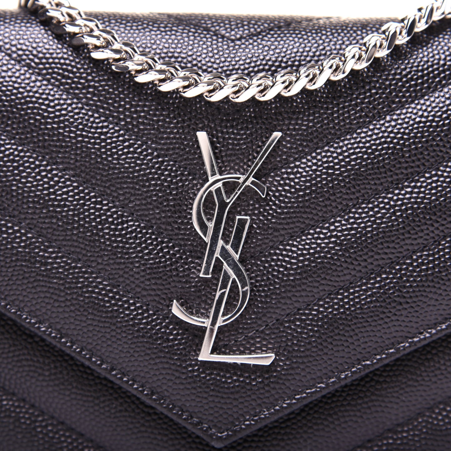 Grain De Poudre Matelasse Chevron Monogram Envelope Chain Wallet Black