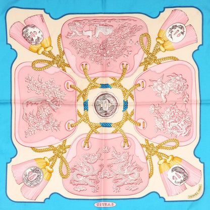 Hermes Silk Tsubas Pocket Square Scarf Beige Rose Sarcelle 1 of 6