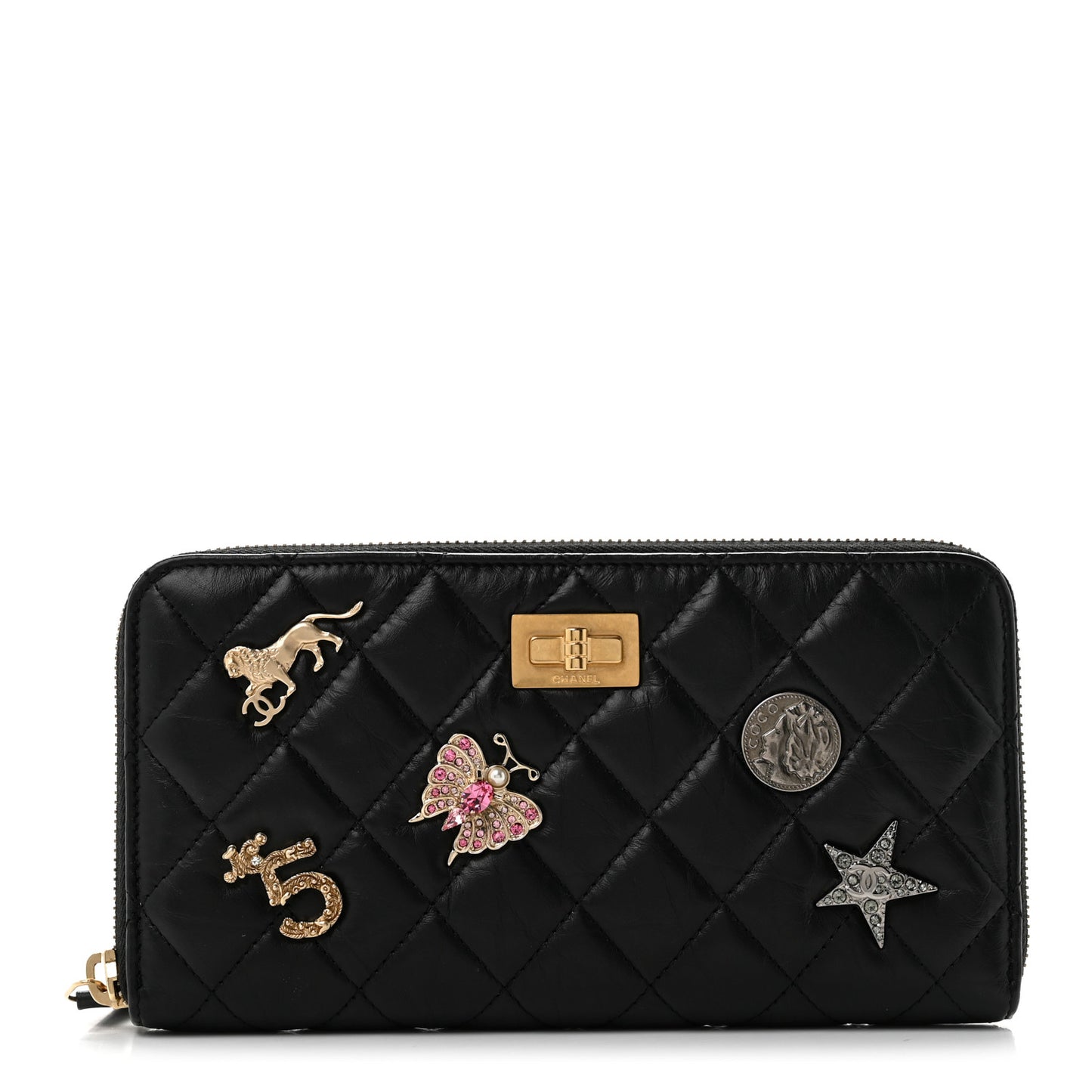 Aged Calfskin Quilted Lucky Charms 2.55 Reissue Zip Around Wallet Black