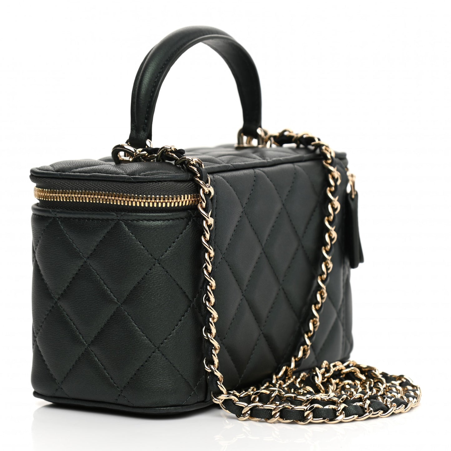 Iridescent Lambskin Quilted Small Top Handle Vanity Case With Chain Dark Green