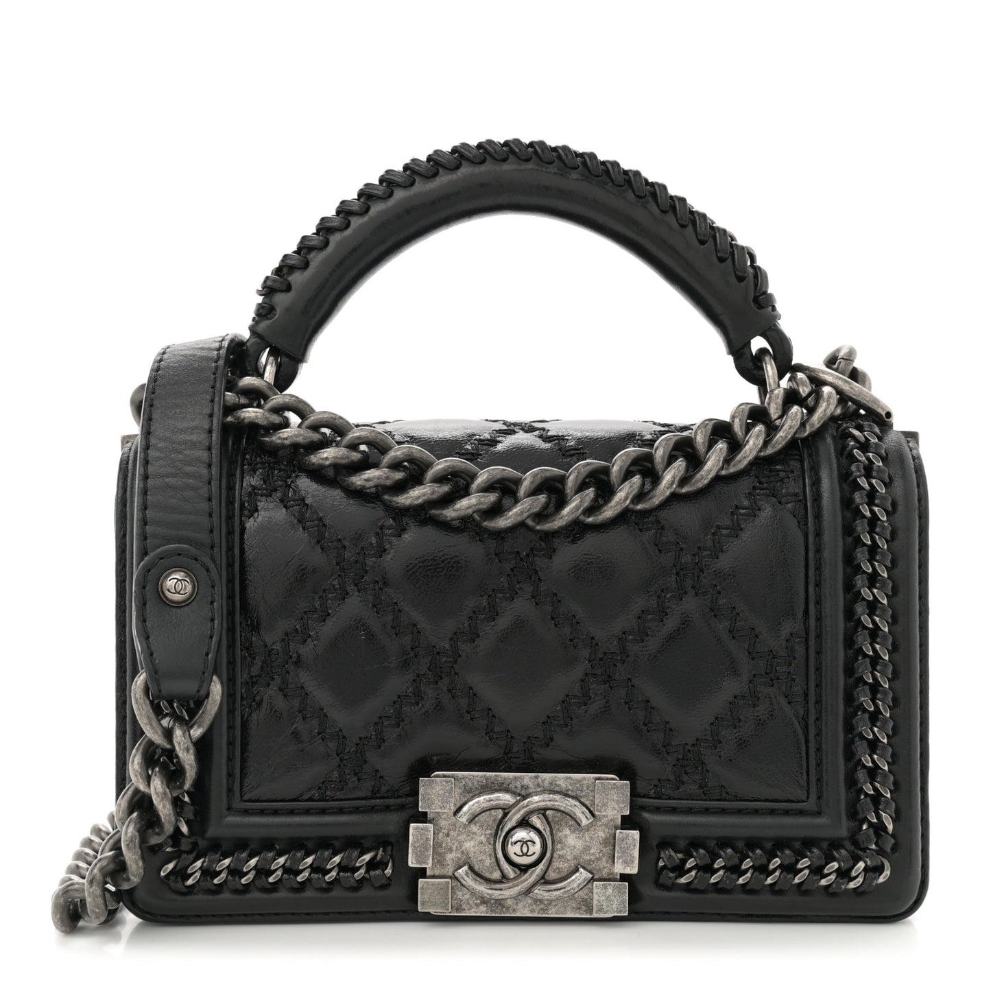 Goatskin Quilted Small Boy Top Handle Flap Black