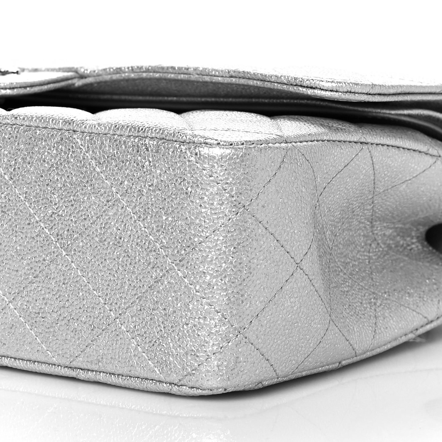 Glittered Metallic Caviar Quilted Medium Double Flap Silver