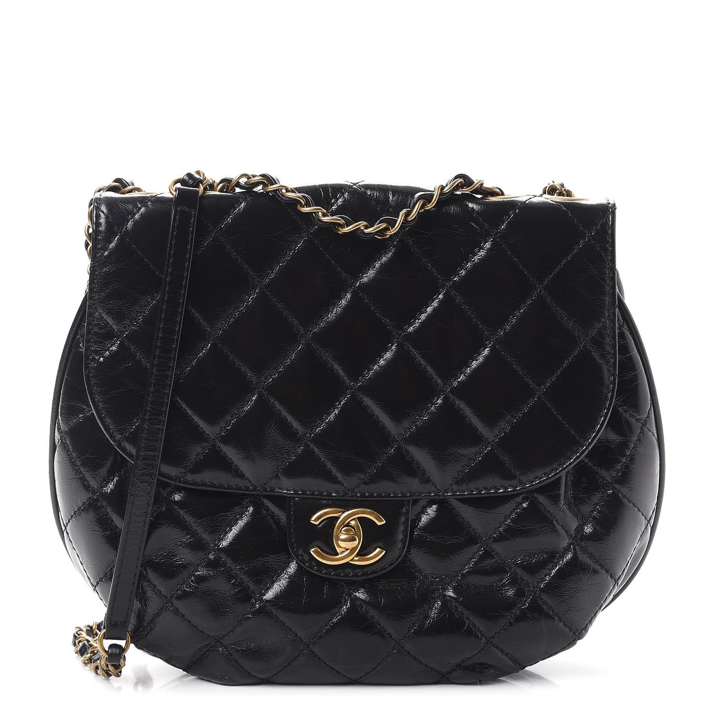 Glazed Calfskin Quilted Medium Bubble CC Flap Black