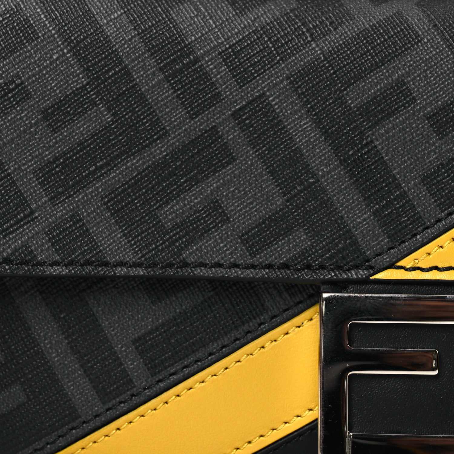 Fendi Glazed Fabric Vitello Liberty FF 1974 Diagonal Baguette Black Sunflower 9 of 11