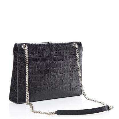 Saint Laurent Calfskin Crocodile Embossed Monogram Large Satchel Black 3 of 10