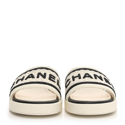 Chanel Lambskin Embroidered Logo Mules 36 Ivory Black 3 of 11