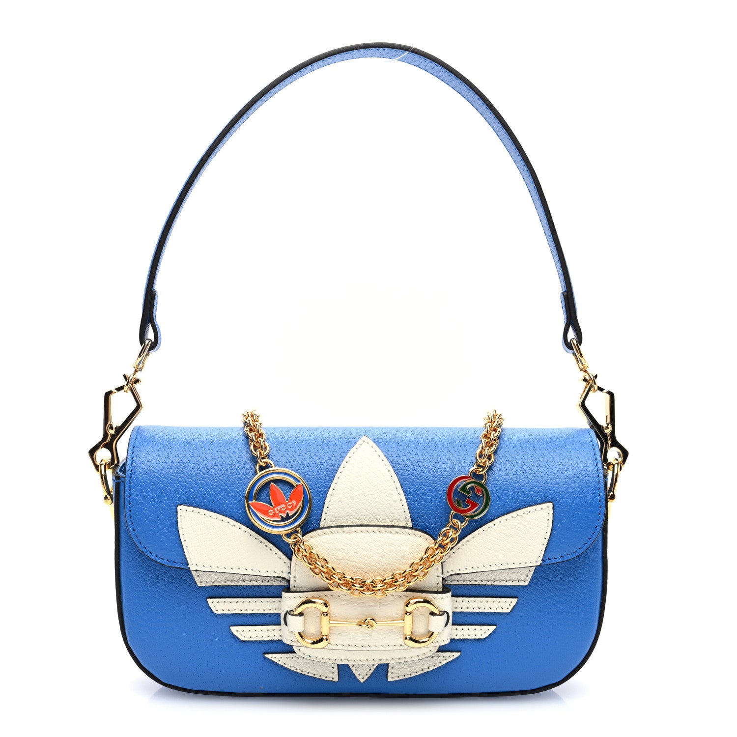 Gucci X ADIDAS Textured Dollar Calfskin Web Small Trefoil Horsebit 1955 Shoulder Bag Blue Off White 1 of 10