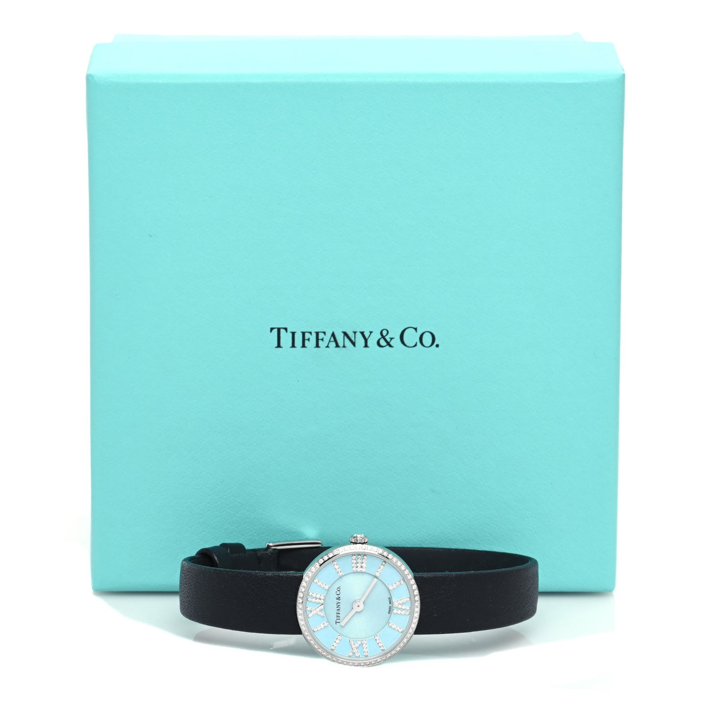 Stainless Steel Calfskin Diamond Bezel 24mm Atlas 2-Hand Quartz Watch Tiffany Blue