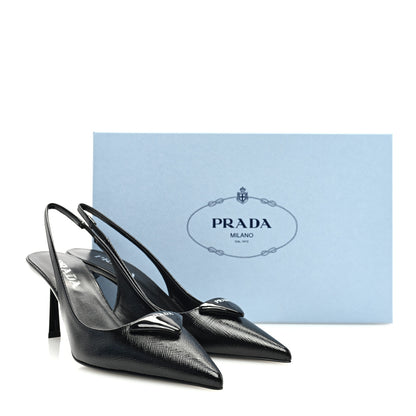 Prada Vernice Saffiano Triangle Logo Pointed Toe 75mm Slingback Pumps 37.5 Black 8 of 8