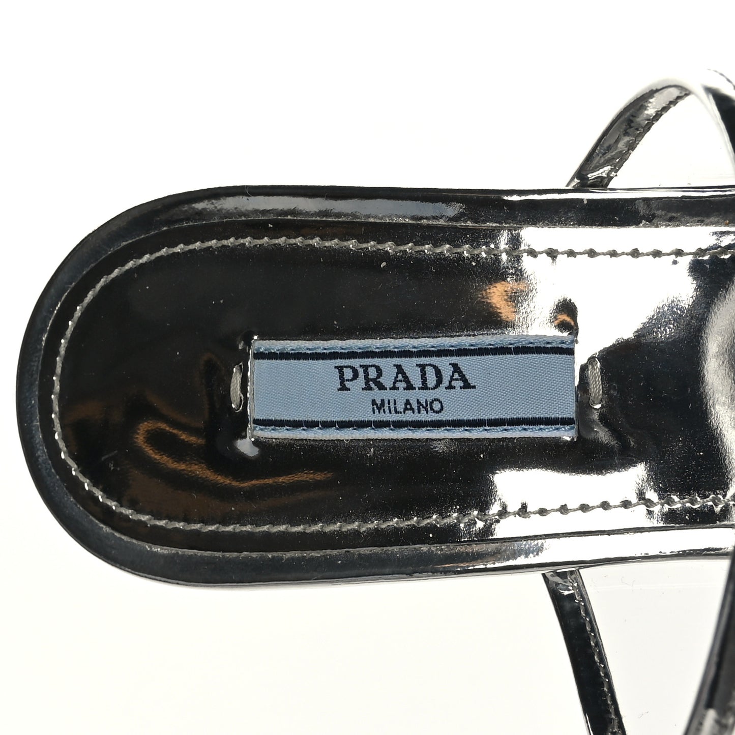 Plexiglass Metallic Calfskin Metal Triangle Logo 75mm Slide Sandals 40 Argento