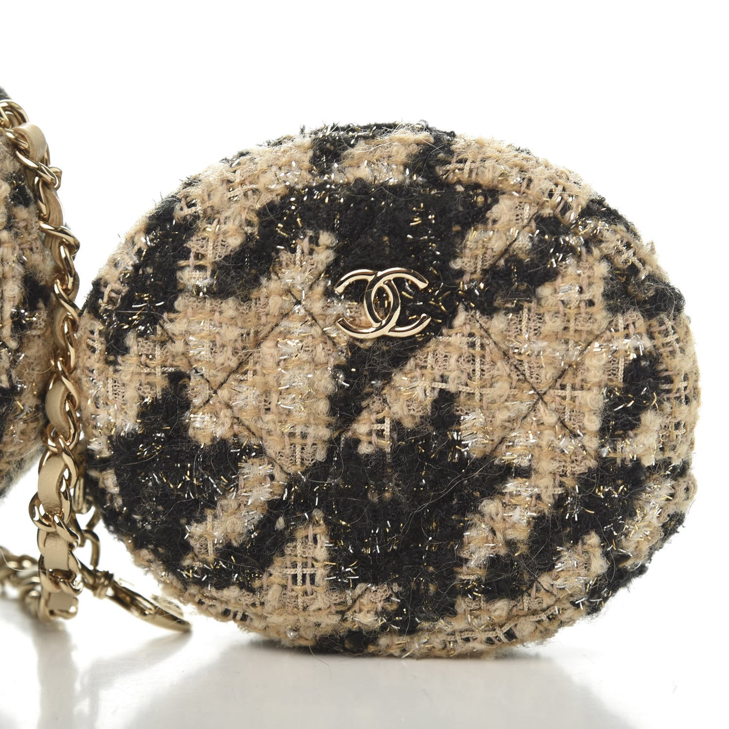 Tweed Shearling Round Clutch With Chain and Coin Purse Beige Black