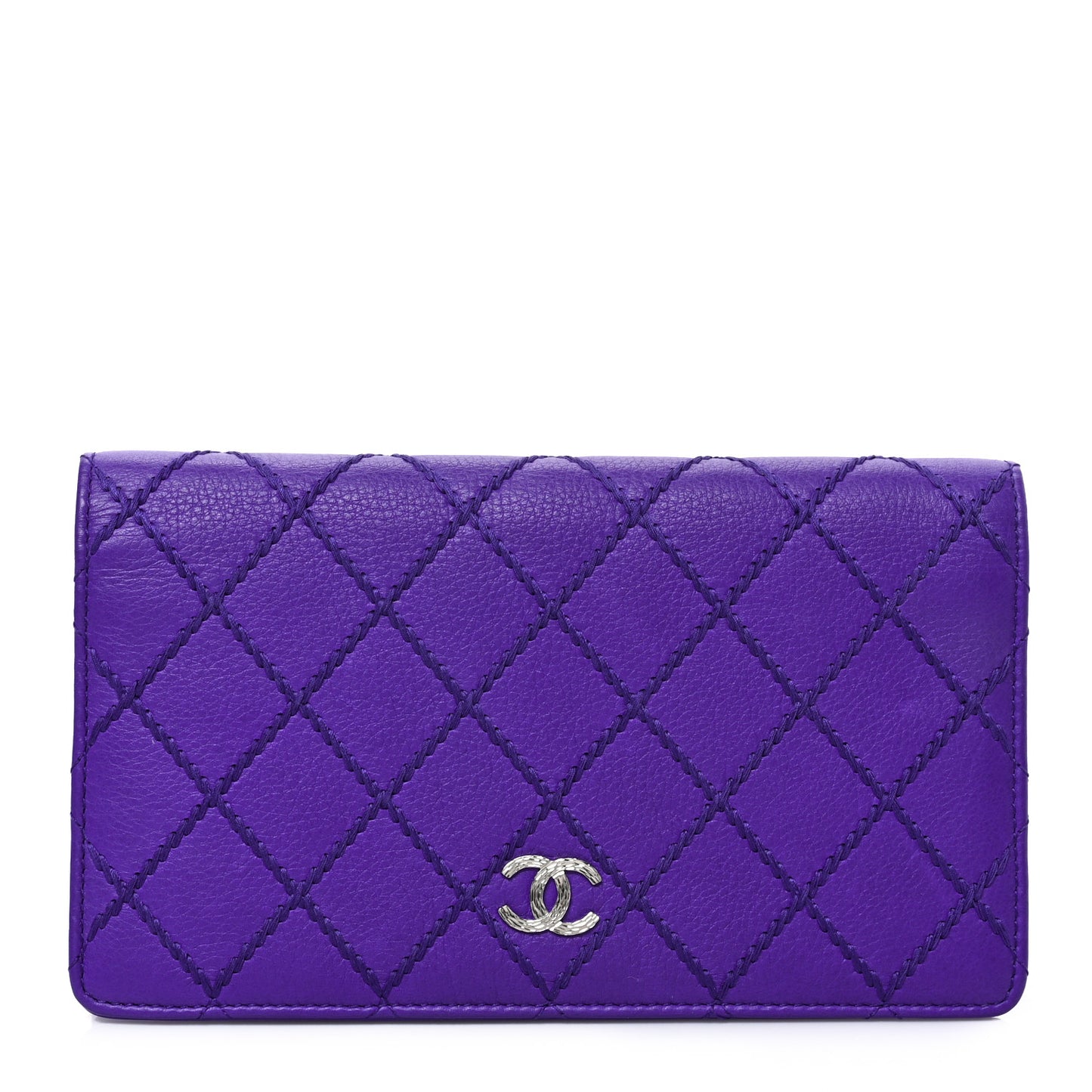 Calfskin Stitched Fancy CC Yen Wallet Purple