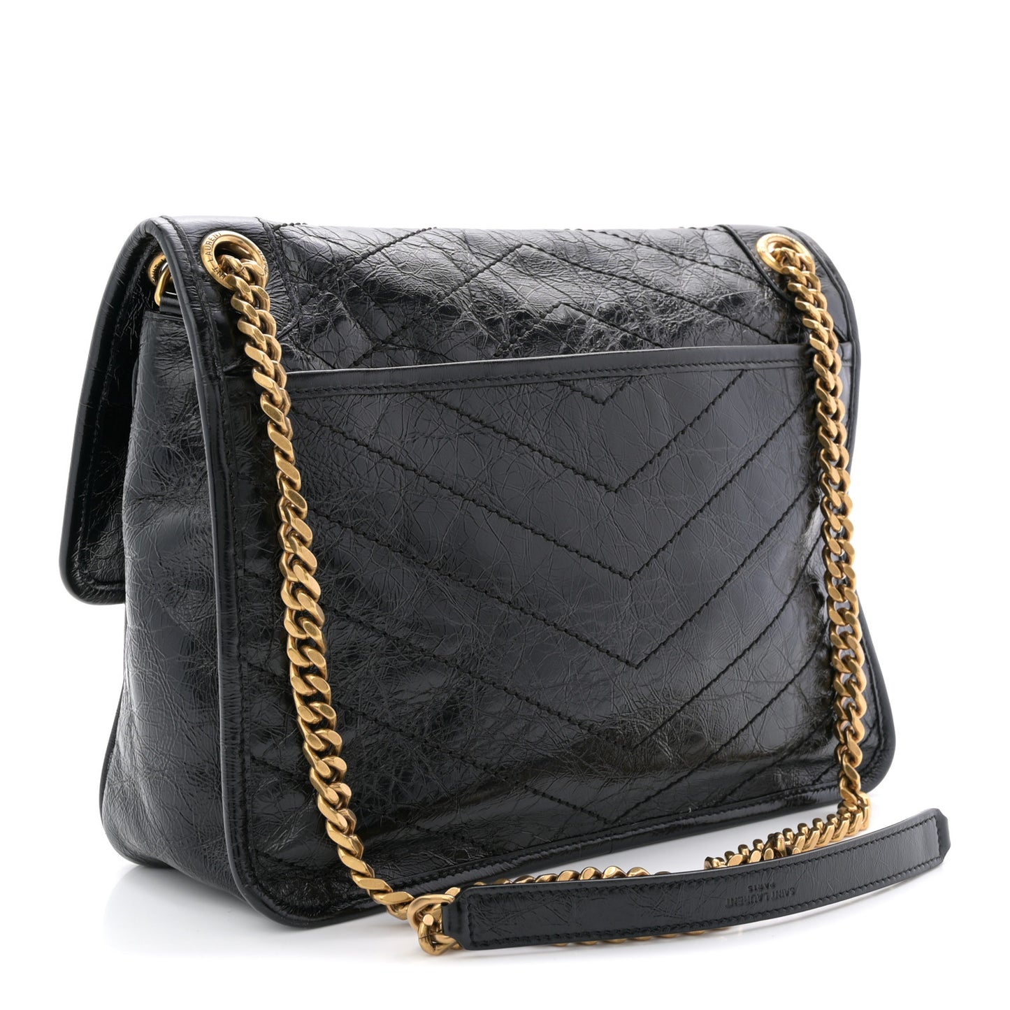 Crinkled Calfskin Matelasse Monogram Medium Niki Chain Satchel Black