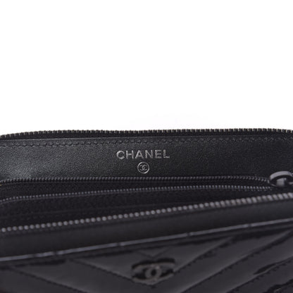 Chanel Metallic Crumpled Patent Calfskin Chevron Quilted Medium Zip Around Wallet Black 6 of 10