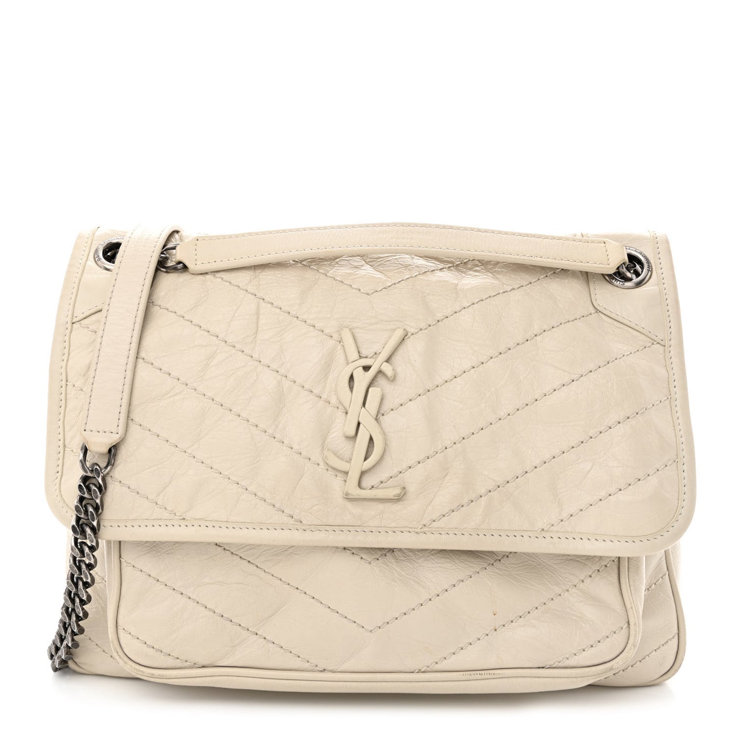 Crinkled Calfskin Matelasse Monogram Medium Niki Chain Satchel Crema Soft