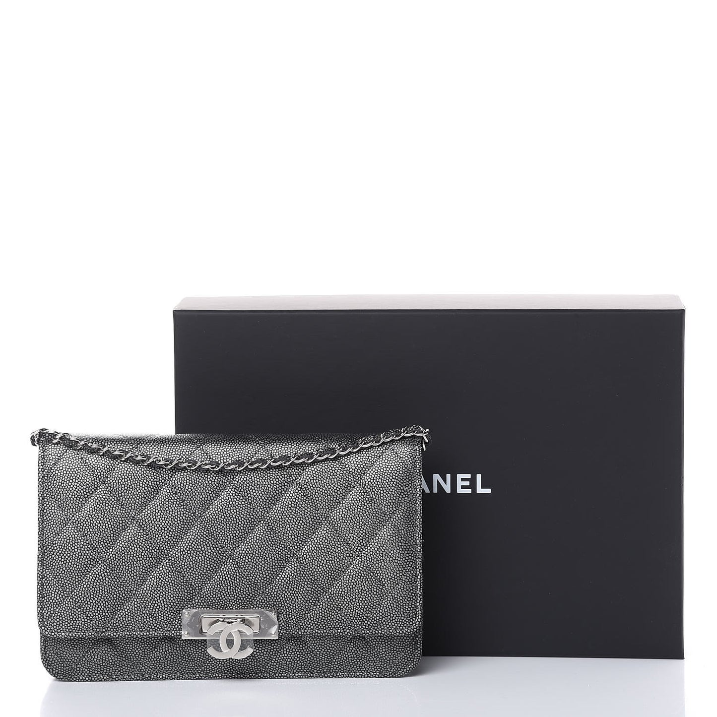 Metallic Caviar Quilted Golden Class Wallet On Chain WOC Dark Grey