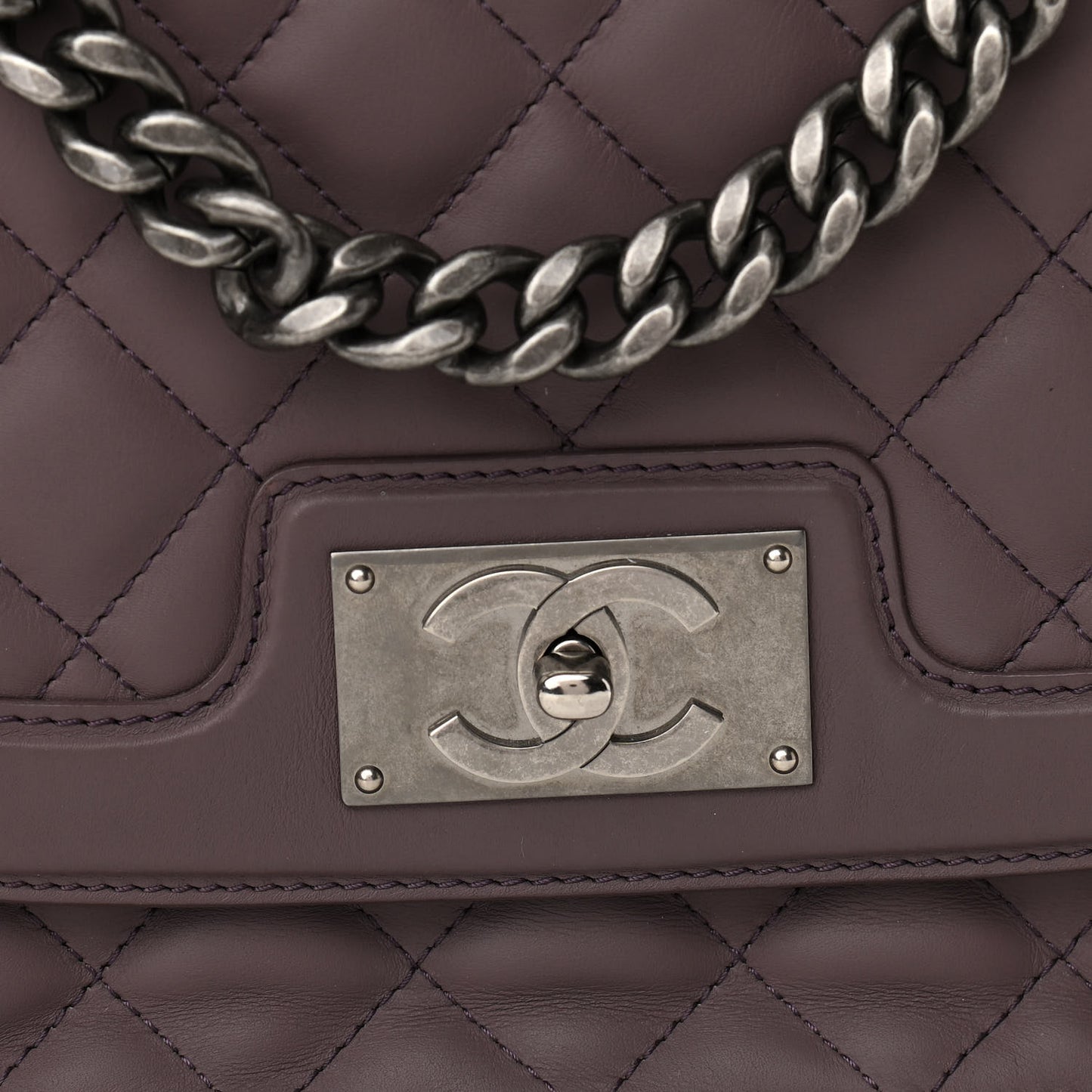 Calfskin Quilted Large Double Chained Messenger Flap Purple