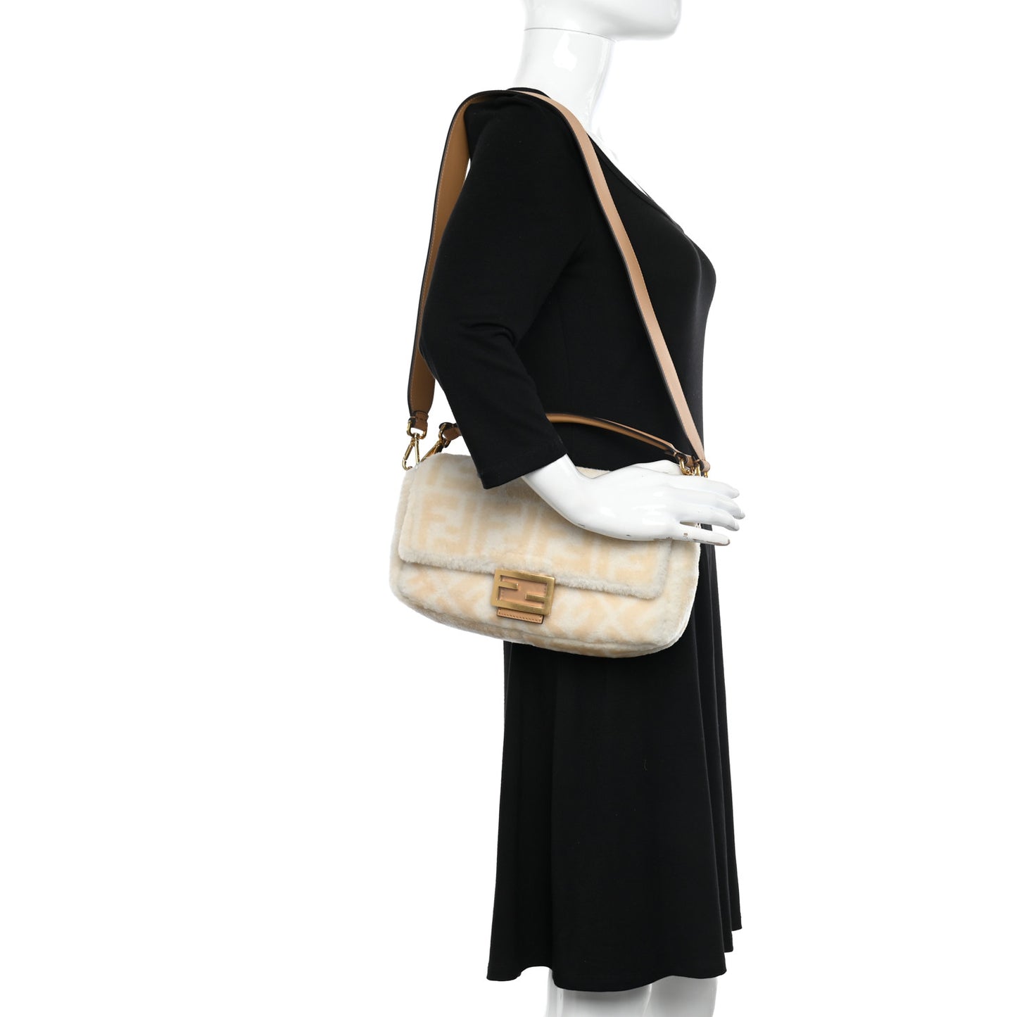 Shearling Vitello Dolce Macro FF 1974 Baguette White Ice Cuoio Miele Scuro