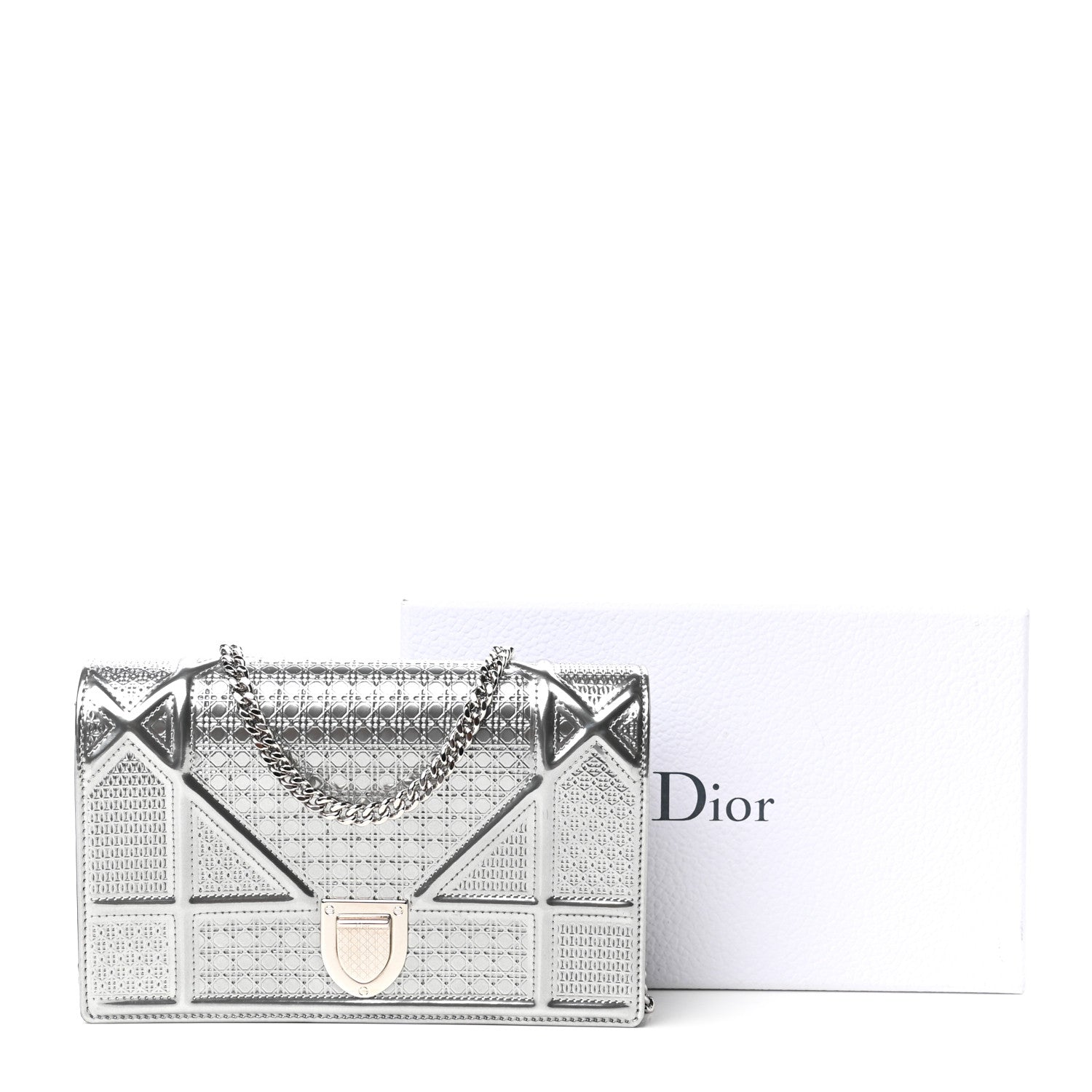 Christian Dior Metallic Patent Micro-Cannage Diorama Wallet on Chain Pouch Silver 10 of 10