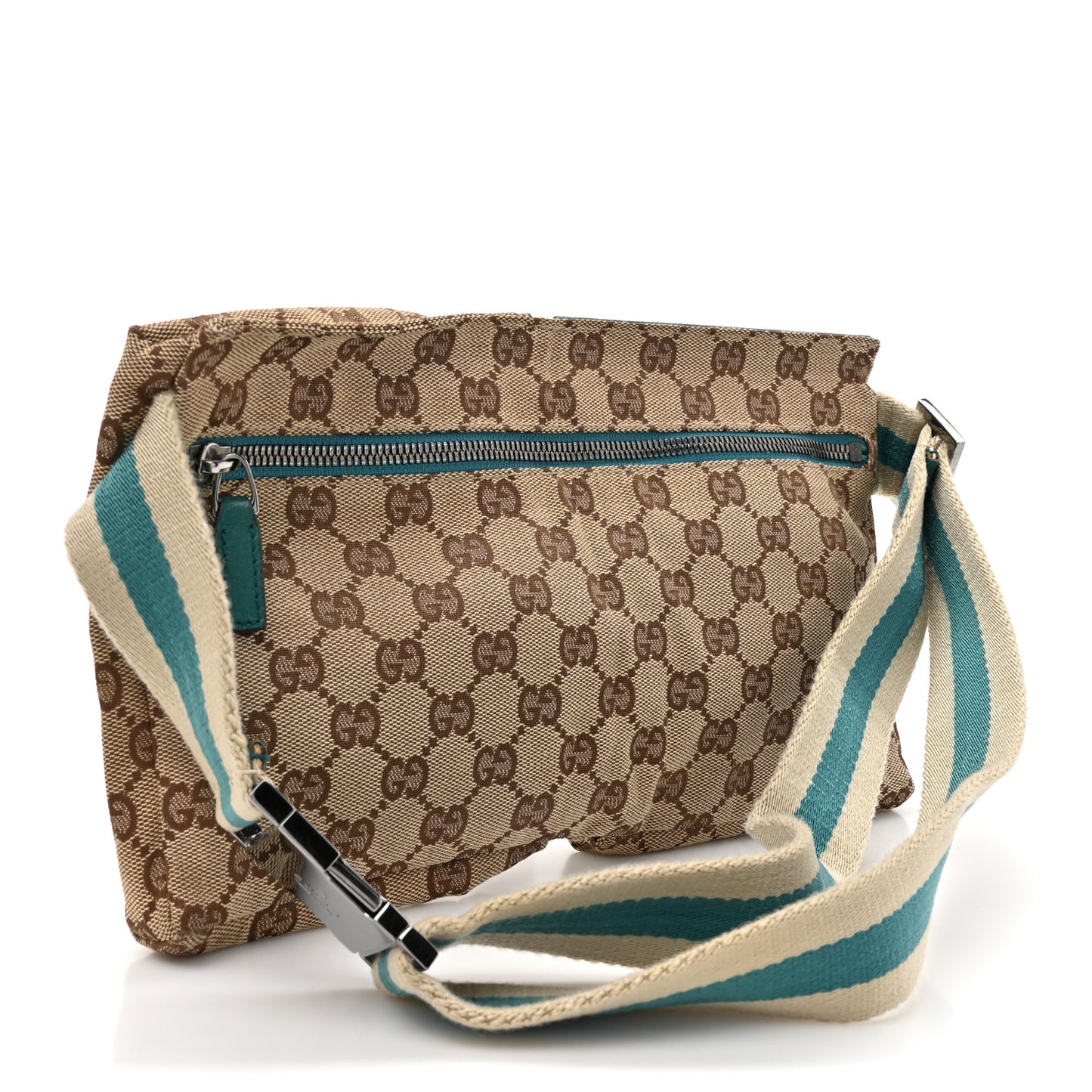 GG Monogram Web Double Pocket Belt Bag Turquoise