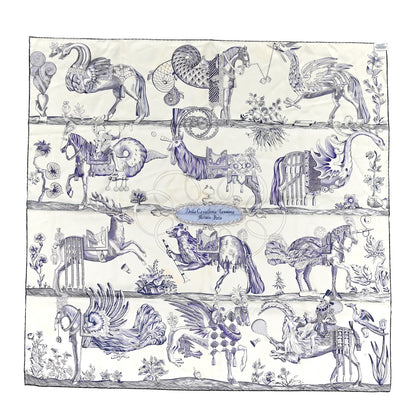 Hermes Silk Della Cavalleria Favolosa Reversible Scarf 90 Blanc Rouge Marine 2 of 7